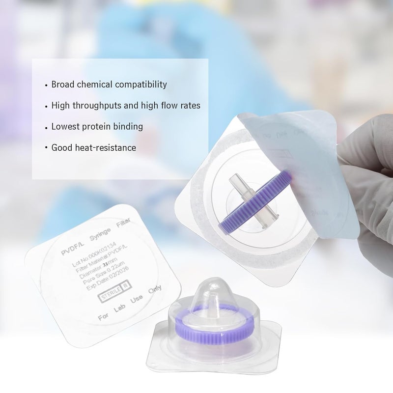 Labfil Sterilized Syringe Filter PVDF 20 Pack, 0.22 um Pore Size, 33 mm Membrane Diameter, Hydrophilic Filtration Sterile Packed Individually - Image 3